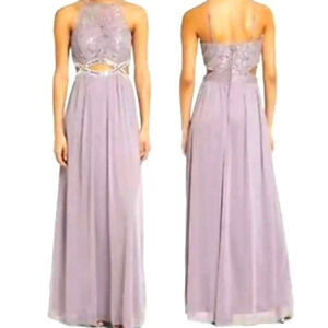 Sequin Cut Out Embellished Waist Gown Maxi Dress Purple Silver
